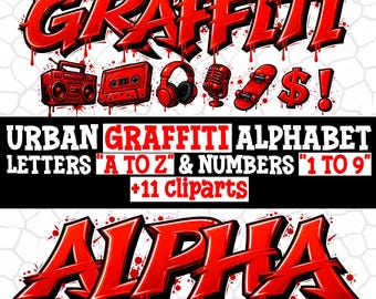 Urban Red Graffiti Digital PNG Bundle: Alpha Letters, Numbers, and Streetwear Graphics