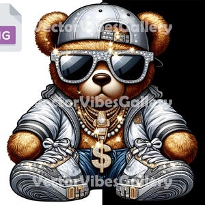 Hip Hop Teddy Bear PNG, Bling Gangster Teddy Bear Clipart, Rapper Bear Digital Instant Download, Streetwear Teddy, Urban Cool Bear Design