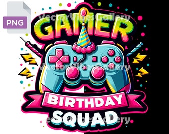 May include: A colorful illustration of a video game controller with a party hat on top. The text "Gamer Birthday Squad" is written in a bold, colorful font.