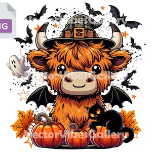 Halloween Cute Highland Cow Png, Spooky Season Sublimation Design, Retro Halloween Clipart, Printable pumpkin, Digital Instant Download