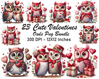 May include: 23 Cute Valentines Owls Png Bundle - 300 DPI - 12x12 Inches. A digital download of 23 Valentine's Day themed owl illustrations. The owls are depicted in various poses and wearing red, pink, and white accessories. Some owls are holding hearts, gifts, and flowers.