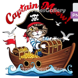 キャプテンニャー！PNG、面白い海賊猫昇華デザイン、猫好きのためのかわいい漫画キッズTシャツグラフィック、冒険漫画、即時ダウンロード