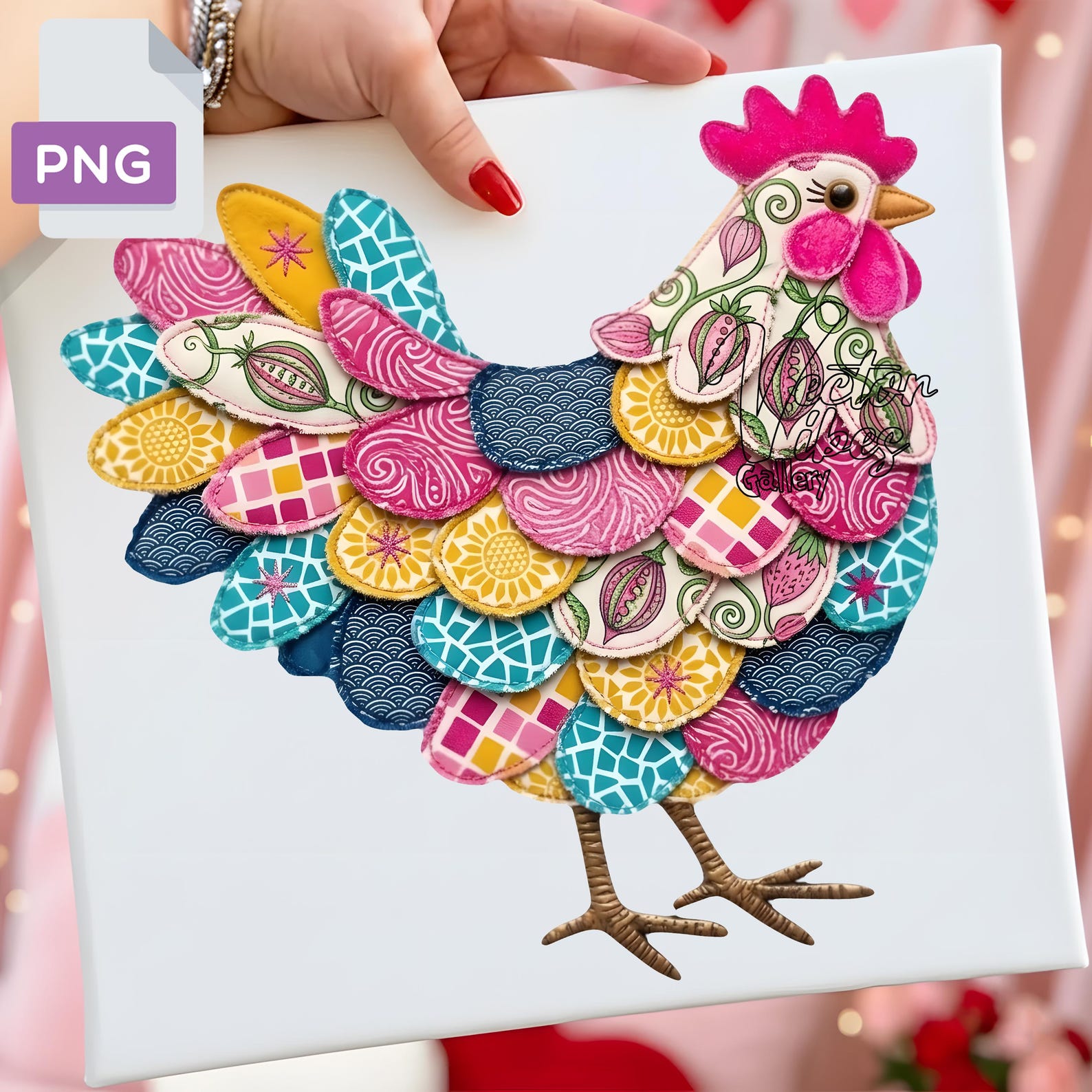 Pink Patchwork Chicken PNG - Floral Fabric Texture Hen Sublimation ...