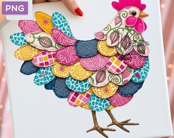 Pink Patchwork Chicken PNG - Floral Fabric Texture Hen Sublimation Design for T-Shirts and Crafts
