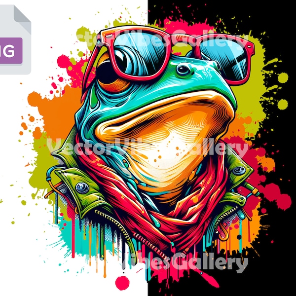 Colorful Retro Frog with Sunglasses Png, Urban Sublimation Design, Graffiti Animal Clipart, DTF File, Hip Hop Poster, Transparent Background