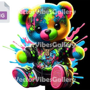 Colorful Neon Teddy Bear Png, Urban Streetwear Sublimation Design, Hip Hop Poster, Graffiti DTF, Transparent Background, Instant Download
