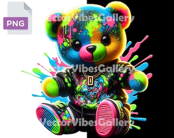 Neon Teddy Bear PNG, Urban Graffiti Sublimation Design (Instant Download)