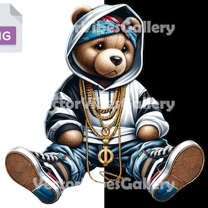 Hip Hop Teddy Bear Png, Urban Sublimation Design, Streetwear DTF File, Rap Music T-shirt Clipart, Transparent Background, 300 DPI