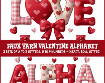 Faux Yarn Valentine Alphabet PNG, Puffy Knit Valentine Letters (Digital Download)