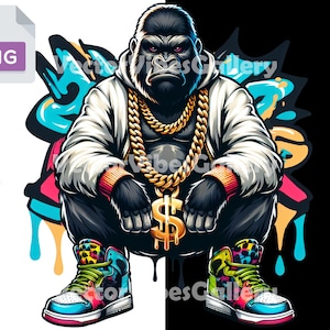 Graffiti Gorilla Png, Urban Streetwear Sublimacja Projekt, Hip Hop Plakat, Cartoon Gangster Rap Animal T-shirt, Cyfrowe Natychmiastowe Pobieranie
