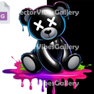Dripping Black Teddy Bear PNG, Cute Goth Bear Clipart, Kawaii Plush Graphic, Neon Splatter Sublimation Design, Aesthetic Digital Download