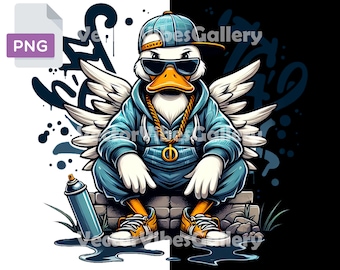 May include: A cartoon duck wearing a blue hoodie, a blue and white checked cap, sunglasses, and a gold chain with a peace sign pendant. The duck has white wings and is sitting on a brick wall with a blue spray paint can next to it.