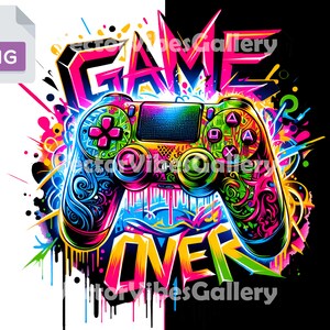 Peut inclure: Une illustration colorée d'une manette de jeu vidéo avec les mots "GAME OVER" dans un style graffiti. La manette est entourée d'éclaboussures et de gouttes colorées.