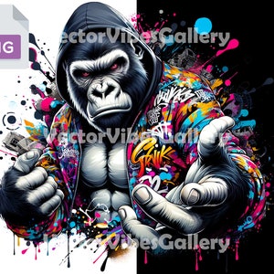 May include: A digital illustration of a gorilla wearing a colorful hooded jacket with graffiti-style designs. The gorilla is looking directly at the viewer with a serious expression. The background is a black and white abstract design with splashes of color.