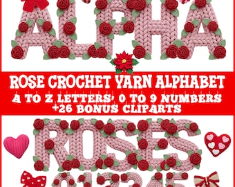 Rose Crochet Yarn Alphabet PNG Letters & Numbers Sublimation Design Bundle for Floral Craft Projects