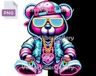 Streetwear Neon Teddy Bear PNG, Urban Graffiti Design (Instant Download)