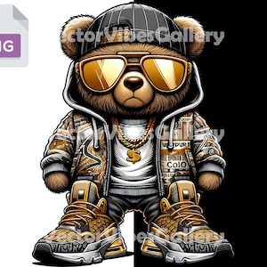 Hip Hop Teddy Bear Png, Urban Sublimation Design, trendy urban dtf, Retro Bear Clipart, Vector shirt and hoodie, Transparent Background