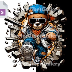 Streetwear Teddy Bear Breaking Wall Png, Miejski projekt sublimacji, Graffiti Clipart, DTF, plakat Hip Hop, Przezroczyste tło, 300 DPI