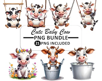 May include: A digital clipart bundle of 21 cute baby cow illustrations. The cows are in various poses, including sitting, standing, and swinging on a swing. The cows are all white with black spots and have big, brown eyes. The illustrations are perfect for use in digital scrapbooking, card making, and other creative projects.