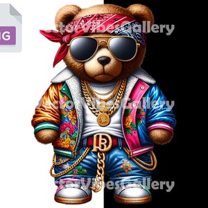 Cool Streetwear Teddy Bear Png, Colorful Urban Sublimation T-shirt Design, Dtf Cute File, Hoodie Digital Clipart, Transparent Background