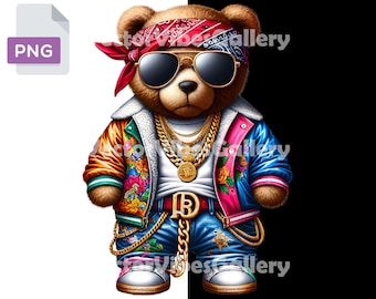 Urban nallebjörn PNG, Streetwear Clipart, färgglad T-shirtdesign (digital fil)