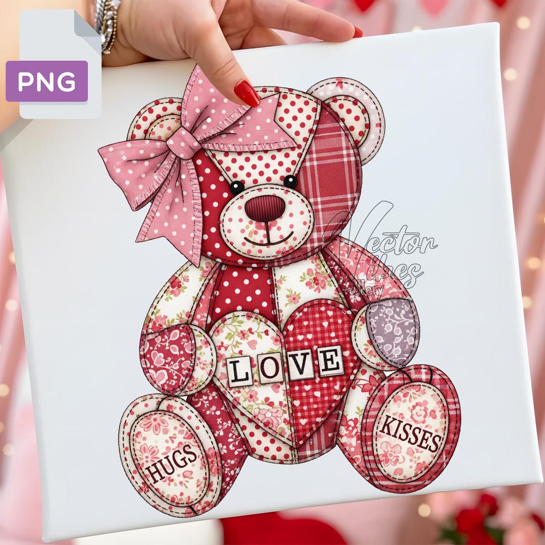 Valentine Patchwork Teddy Bear PNG Design Shabby Floral Love Hugs and ...