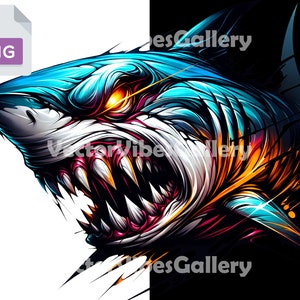 May include: A colorful, stylized illustration of a shark's head with sharp teeth and glowing eyes. The shark is depicted in a vibrant blue, orange, and pink color scheme.