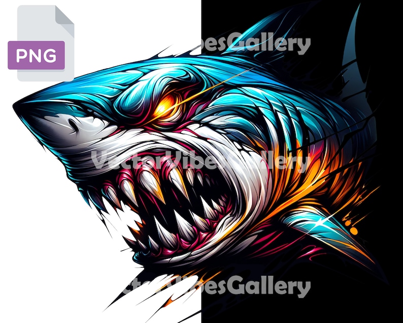 May include: A colorful, stylized illustration of a shark's head with sharp teeth and glowing eyes. The shark is depicted in a vibrant blue, orange, and pink color scheme.