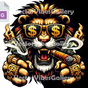 Gangster Lion with Cigar Png, Urban Sublimation Design, Money Bills Clipart, Dollars, DTF, Vector Animal for Shirt, Transparent Background