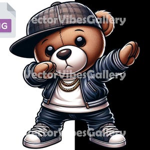 May include: A brown teddy bear wearing a black and white plaid baseball cap, a black and blue jacket, and blue jeans. The bear is holding its right arm up in the air and has a gold chain around its neck.
