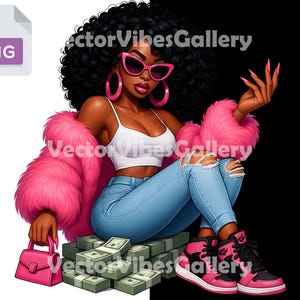 Mujeres afroamericanas con curvas PNG, imágenes prediseñadas de moda para chicas negras, chica con dinero, diseño digital de mujer con cabello rizado, sublimación de chica jefa