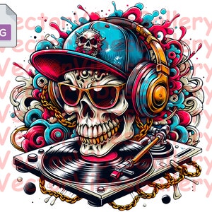 Dj Retro Skull Png, Urban Sublimation Design, Graffiti Digital Art For t-shirt, Hoodie, Hip Hop, Rap Music Clipart, Instant Download