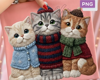 Coquette Christmas Cat PNG, Crochet Yarn Kittens Holiday Sublimation (Digital Download)