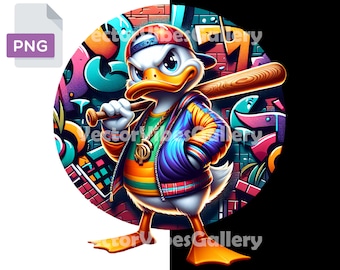 May include: A cartoon duck wearing a baseball cap, a blue and yellow jacket, and holding a baseball bat. The duck is standing on a colourful graffiti background.