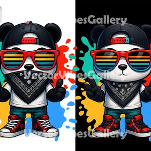 Panda hip hop genial PNG, clipart de oso de dibujos animados de ropa urbana, panda gánster con pañuelo y gafas de sol, diseño de sublimación para camisetas infantiles