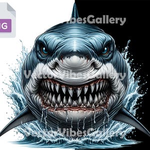 May include: A close-up of a great white shark with its mouth open, showing sharp teeth. The shark is emerging from the water, creating a splash effect. The background is black.