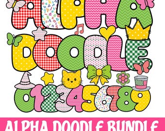 Colorful Patterned Alpha Doodle Bundle: Hand Drawn Letters and Numbers PNG Clipart