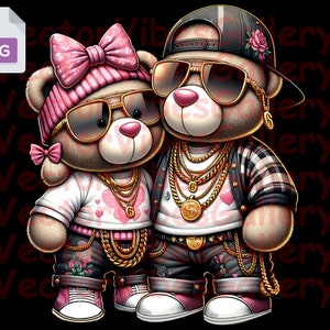 Streetwear teddyberen paar PNG, schattig stedelijk sublimatie ontwerp, digitale vector clipart voor T-shirt, Instant Download