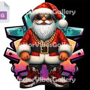 Hip Hop Santa Claus Christmas T-Shirt PNG | Cool Urban Santa Clipart with Sneakers, Gold Chain & Graffiti Art Background