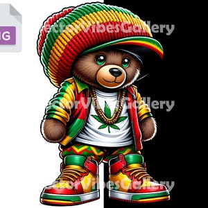 Puede incluir: Un oso de peluche marr&oacute;n que lleva una boina roja, amarilla y verde, una chaqueta roja y verde, una camiseta blanca con una hoja de marihuana verde y zapatillas rojas, amarillas y verdes.