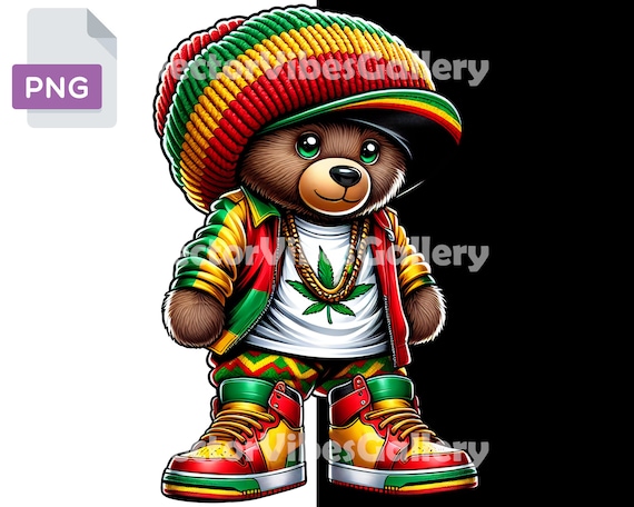 Reggae Teddy Bear PNG, Jamaican Clipart, Weed Leaf (Digital Download)