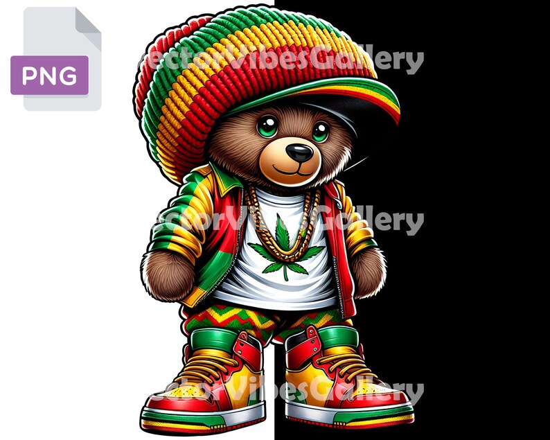 Puede incluir: Un oso de peluche marr&oacute;n que lleva una boina roja, amarilla y verde, una chaqueta roja y verde, una camiseta blanca con una hoja de marihuana verde y zapatillas rojas, amarillas y verdes.