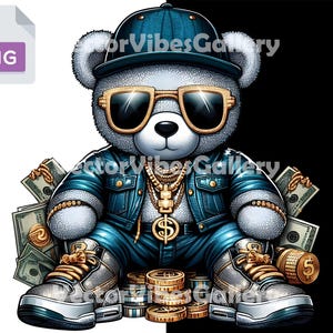 Hip Hop Money Bear PNG, Bling Teddy Digital Download, Cool Streetwear Bear Clipart, Gangsta Teddy Bear Design, Rap Swag Graphic