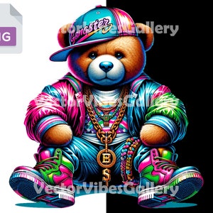 Colorful Neon Gangster Teddy Bear png, Urban Sublimation Design, Hip Hop Poster, DTF File, Graffiti clipart, Transparent Background, 300 DPI