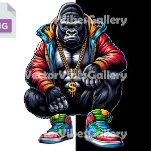 Hip Hop Gangster Gorilla Png, Urban Sublimation Design, Streetwear Vector Animal Clipart, Gold Chaine DTF File, Digital Instant Download