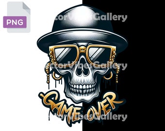 Retro Skull Game Over PNG, Urban Streetwear Design (Digital Download)