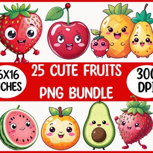 Cute Fruits Png Bundle, 25 Digital Clipart, Transparent Background, Oranges, Mango,Watermelon, banana, Fruit Juice, Instant Download