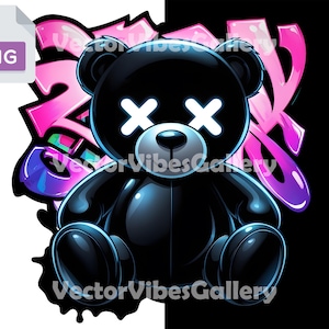Neon Graffiti Bear PNG, Urban Street Art Cute Black Teddy Clipart, Neon X Eyes Plush Sublimation Design for Merch, Digital Instant Download