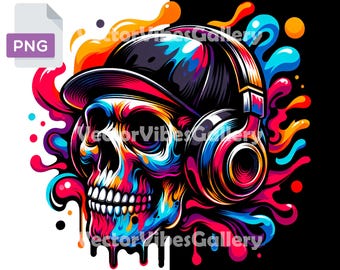 アート・デザイン・音楽 SKULL STYLE Hardcore Punk Music Artwork Vibrant Skull With Headphones