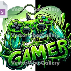 May include: A green video game controller with dripping green slime, surrounded by green slime splatters, with the word "GAMER" in green letters.
